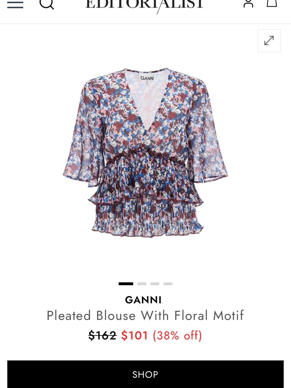 Ganni Blue and Pink Floral Pleated V-Neck Blouse